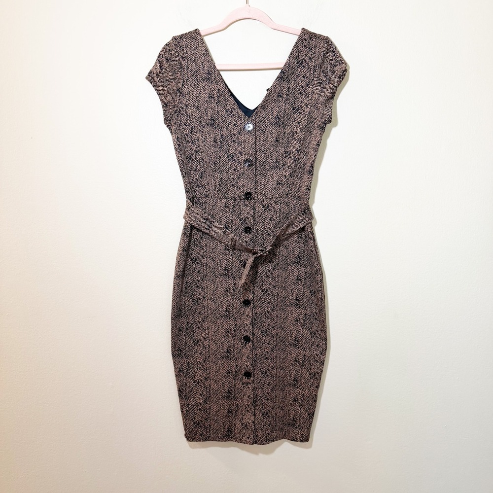 Express Womens Brown Herringbone Belted V-Neck Cap Sleeve Sheath Dress Small